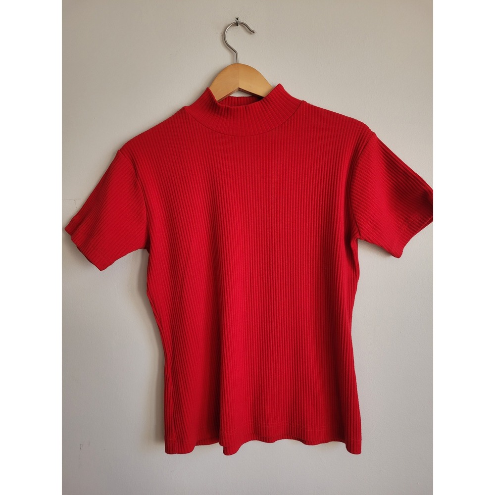 PSC Red Ribbed Mock Neck Short Sleeve Top Womens‎ Large Cotton Blend Korea